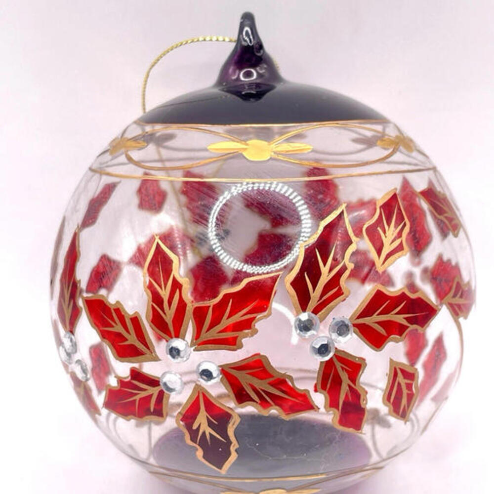 Hand Blown Glass Poinsettia Christmas Ornament Rhinestone Red Purple Gold 3.5"
